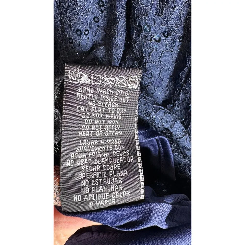 Morgan & Co. Navy Blue Sequin Lace Halter Dress Lined Size 7/8